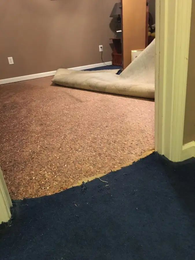 Carpet pad removal revealing water damage during Water Mitigation Services in Colby